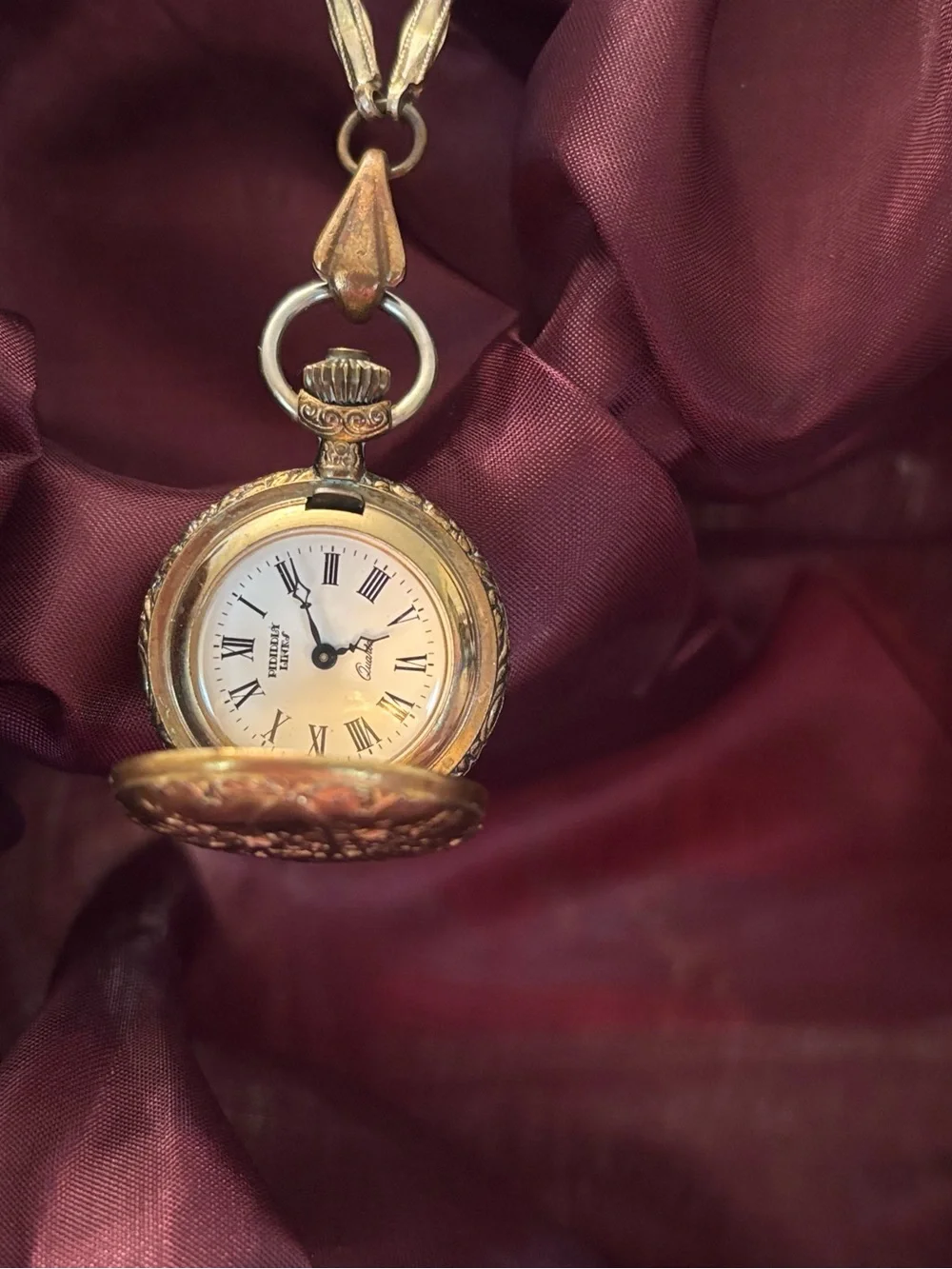 Art Nouveau Style Filigree Pocket Watch Necklace with matching antique chain.